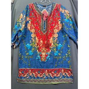 NLW Women's Blue Red Baroque Floral‎ Tassel Tunic Top Size L Made in Turkey